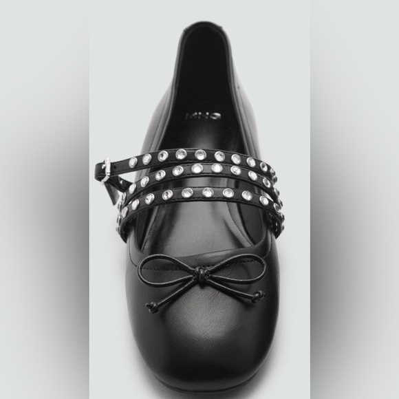 MANGO MNG Women’s Silver STUDDED Black BALLET FLATS WITH STRAPS Size 35/5 - Picture 4 of 16